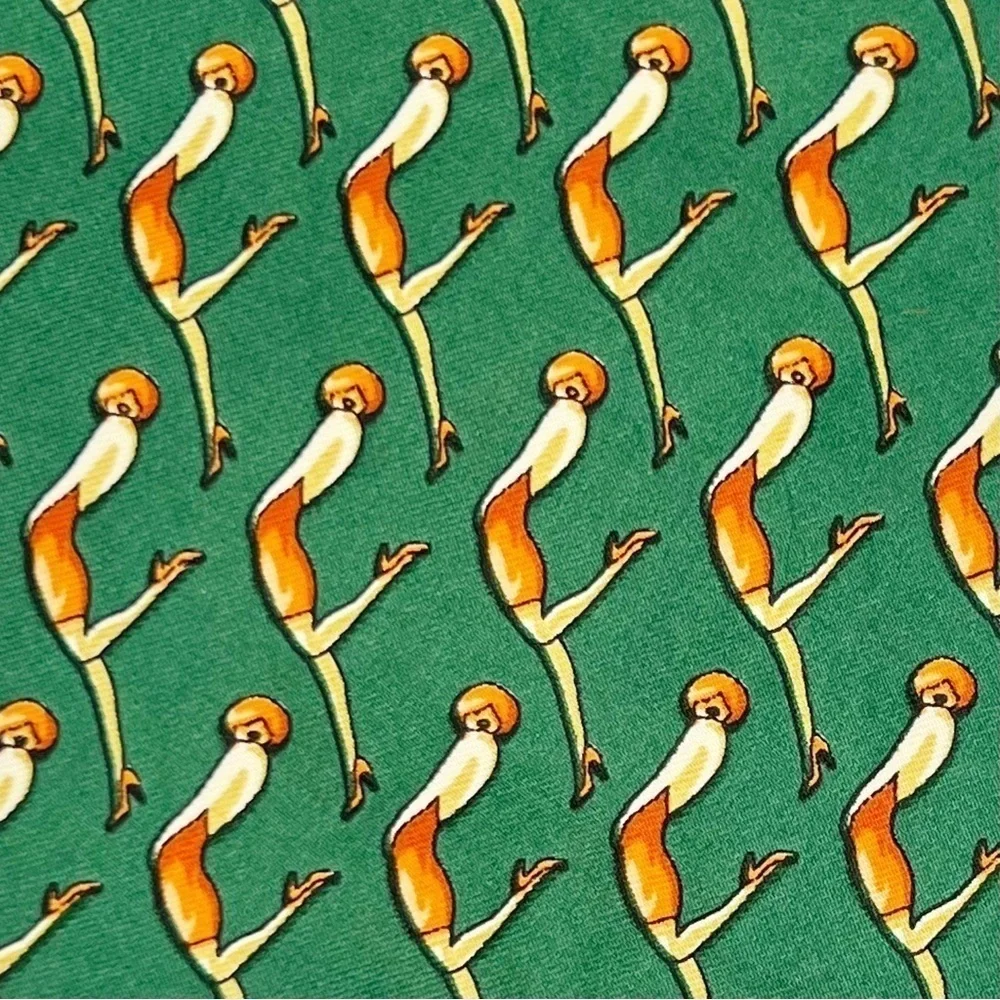 Bally Neckltie 100% Silk Green Orange Flapper Woman Neck Tie Made in Italy EUC